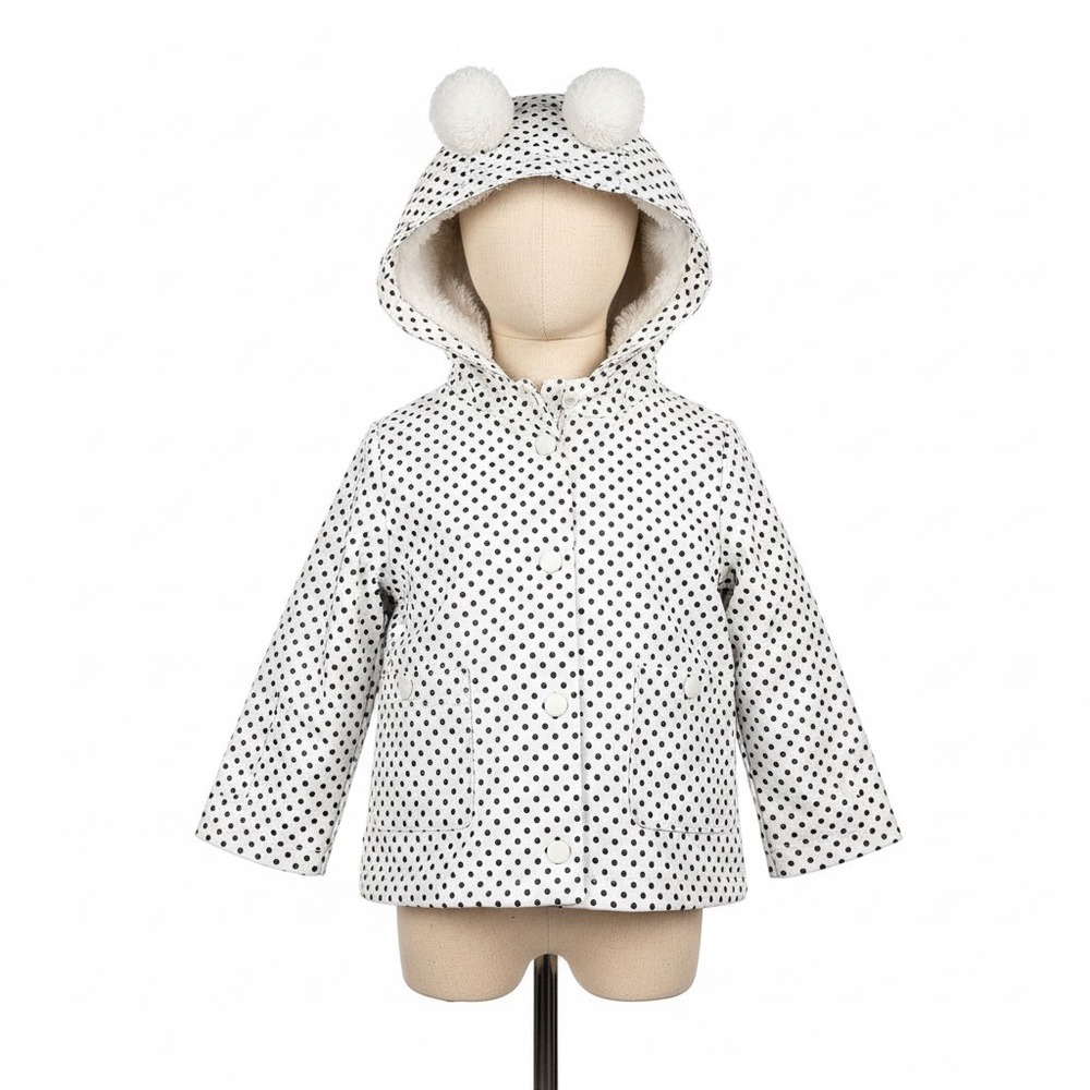 C&C California‎ Kids Rain Jacket 12M White Black Polka Dot Pompom Hooded Coat